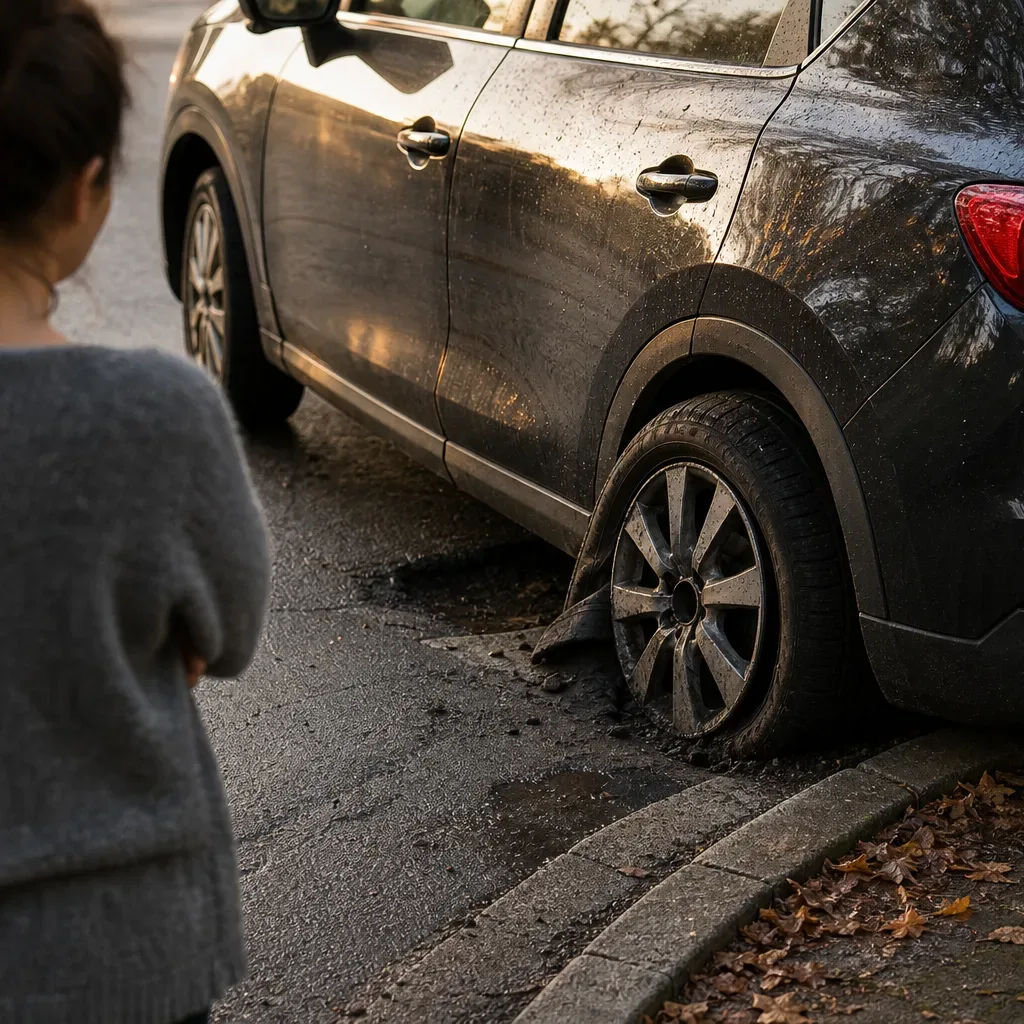 A person in a grey jumper stands a few paces back from a dark SUV parked at a kerb, its rear tyre completely flat and sunk low beside the wheel rim
