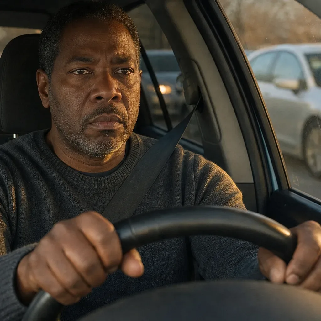 A person sits behind the steering wheel of a vehicle, gripping it with both hands, whilst other vehicles move through traffic visible through the windows