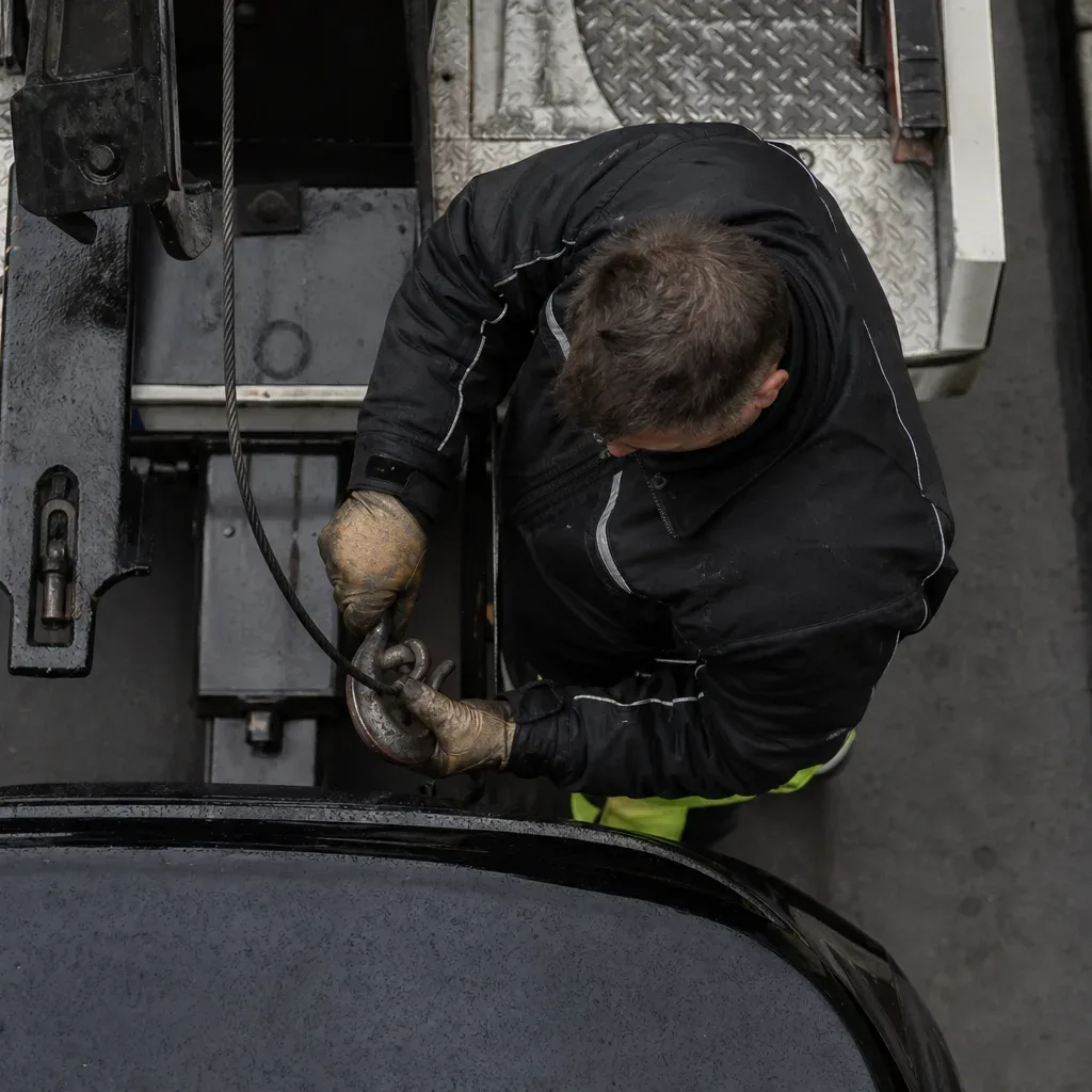 A person in work gloves crouches between a tow truck and a vehicle, attaching a winch cable hook beneath the vehicle, viewed from directly overhead