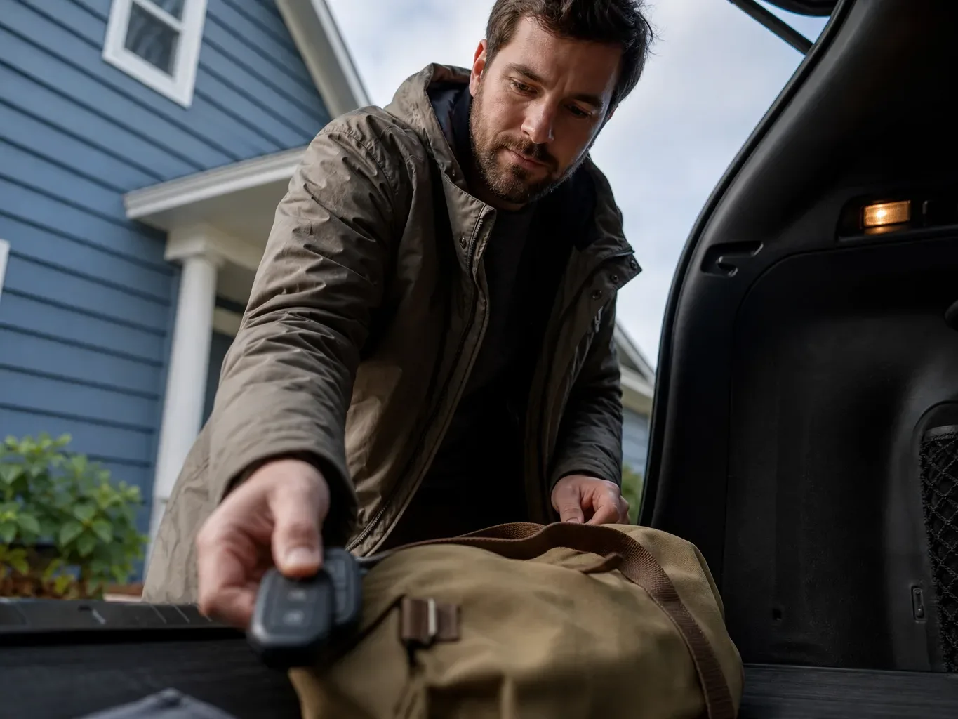 A person in a jacket loads a canvas holdall into the open boot of a car whilst holding a key fob, viewed from a low angle outside a house