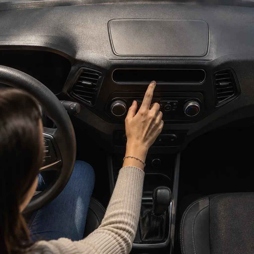 A person sitting in the driver's seat of a car reaches towards the climate controls on the centre console