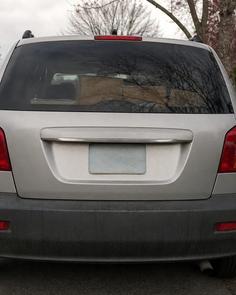 A silver hatchback is parked on a quiet residential street, seen from the rear, with boxes visible through the rear window and hedges and houses lining the road