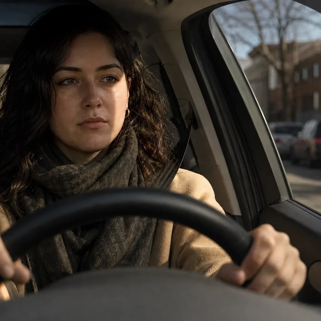 A person sits behind the steering wheel of a car on an urban street, both hands on the wheel, looking ahead through the windscreen