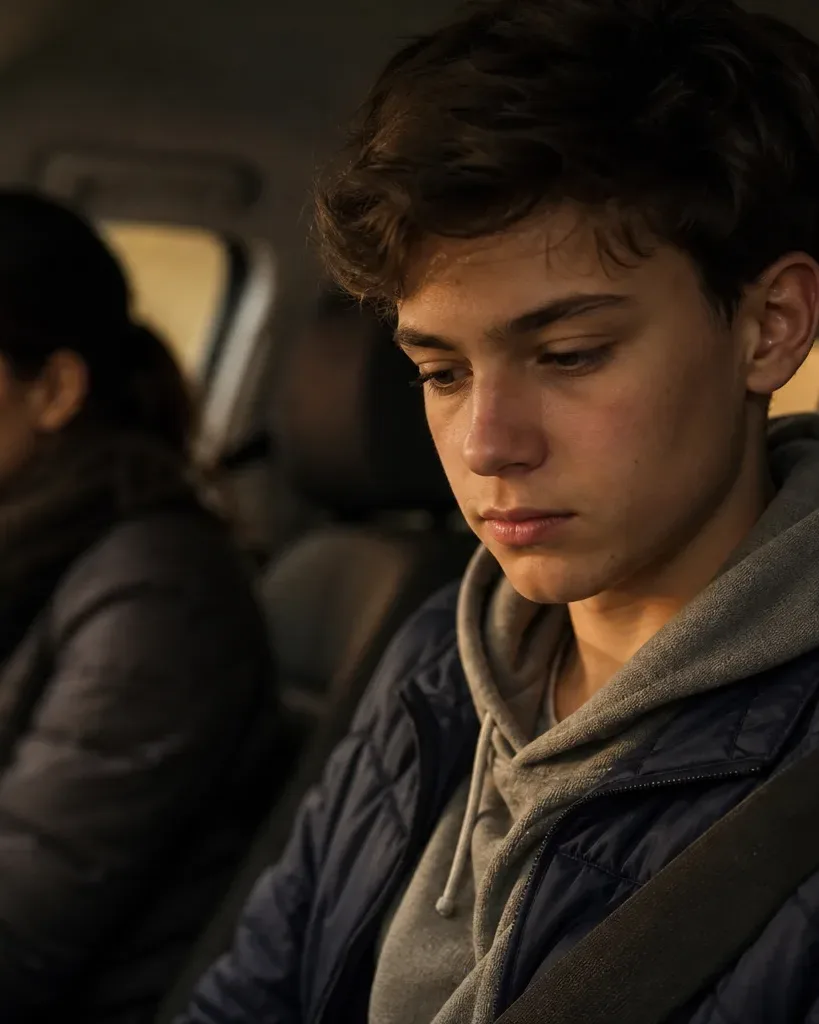 Two people sit in the front seats of a car, both looking downward with subdued expressions, lit by warm ambient light