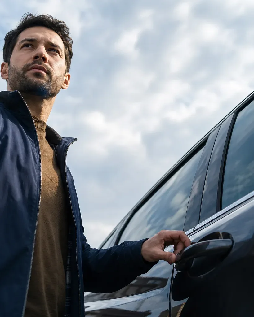 A person in a navy jacket reaches for the door handle of a dark car, viewed from a low angle against a cloudy sky