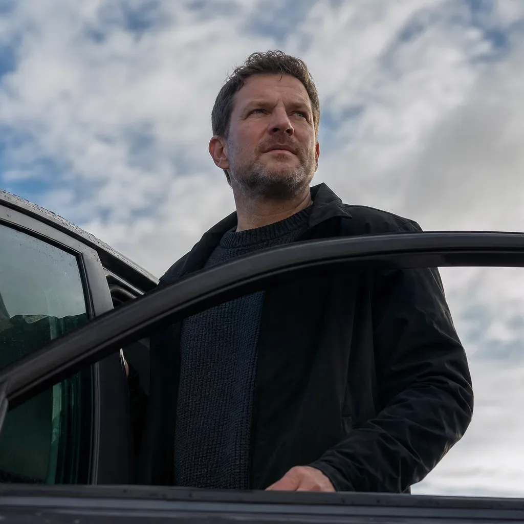 A person stands beside an open car door in an overcast outdoor setting, looking into the distance from a low angle