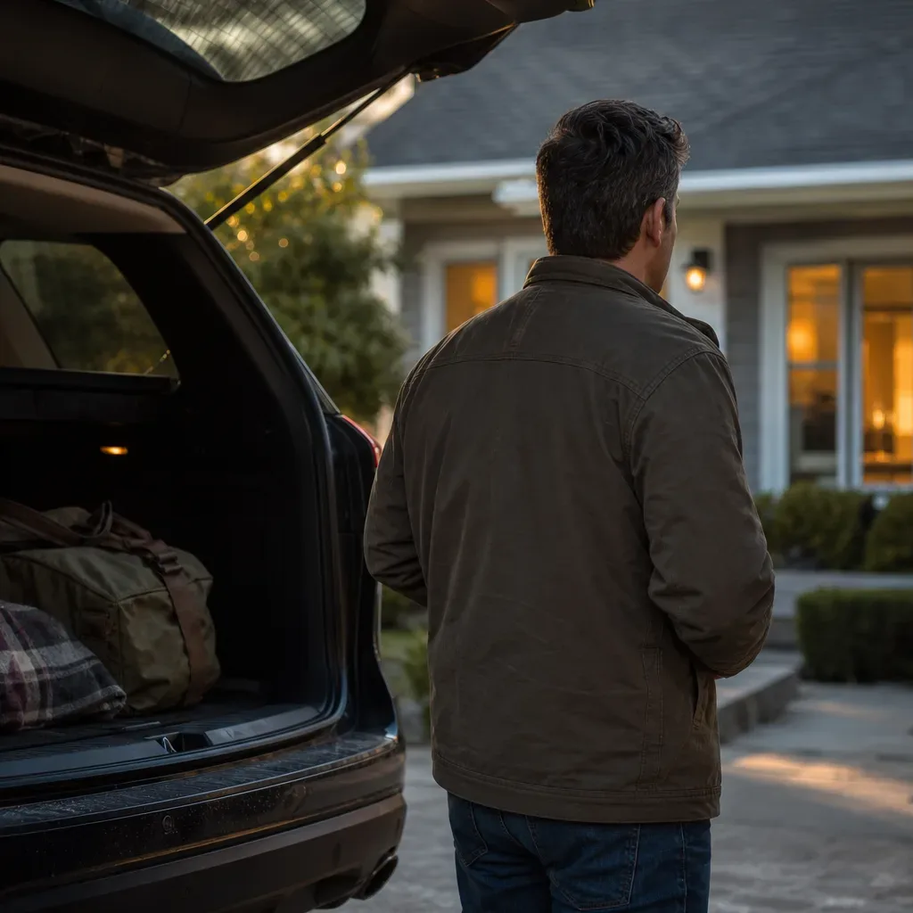A person stands with their back to the camera at the open boot of a loaded car in a residential driveway, with a warmly lit house visible behind them