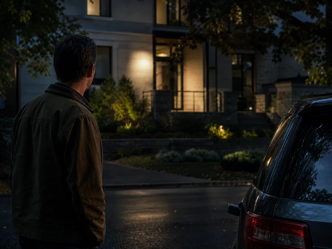A person in a jacket stands at dusk beside a parked vehicle, looking across towards a lit residential building