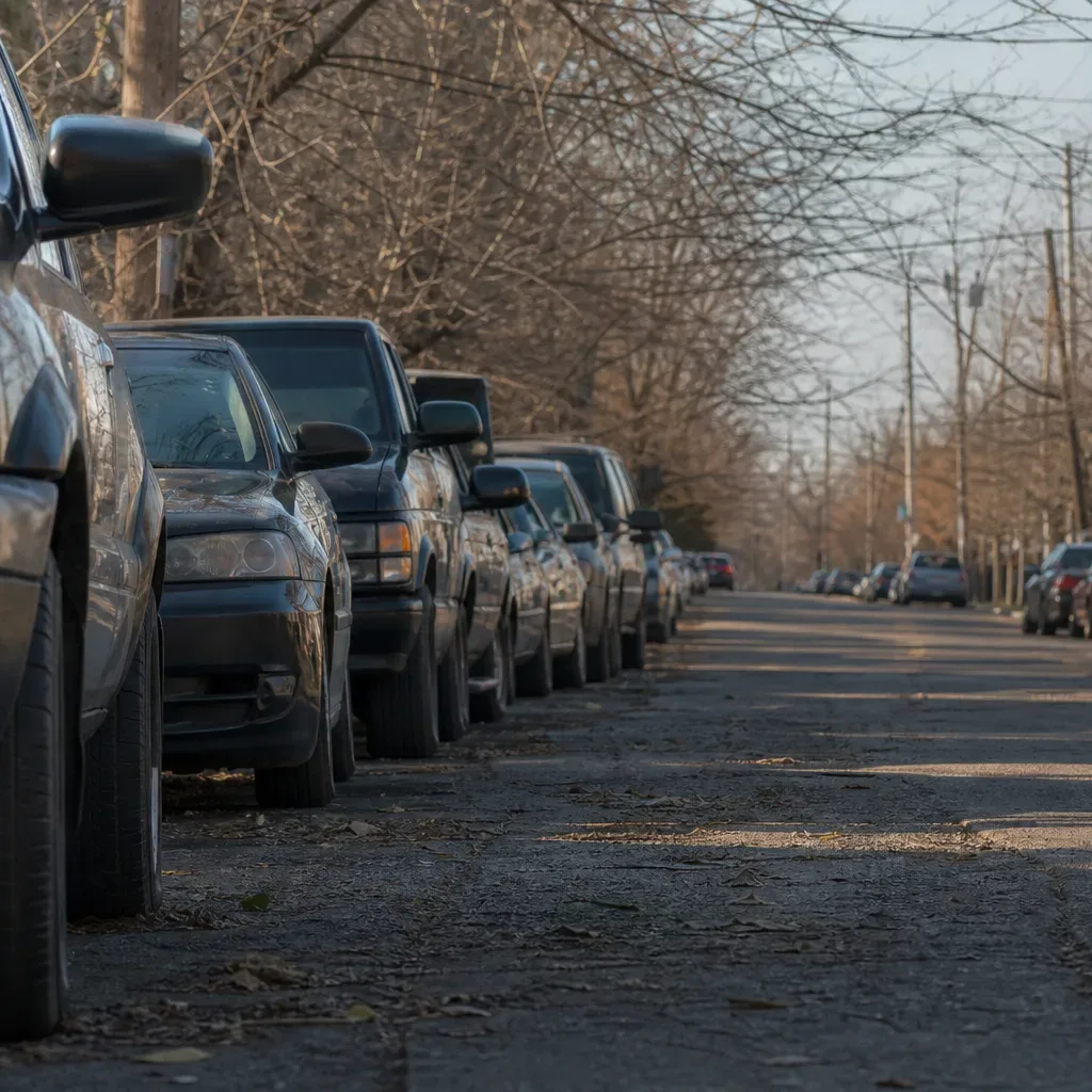 A long row of dark cars parked along a bare-treed residential street, photographed from a low angle in cool daylight