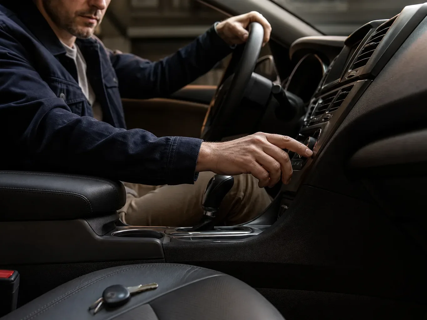 A person sits in a car with one hand on the steering wheel and the other reaching towards the centre console controls, with car keys resting on the passenger seat
