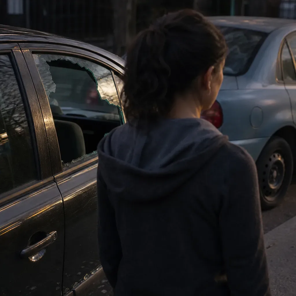 A person stands at the kerb beside a dark car with a smashed side window, with a second car parked alongside in fading evening light