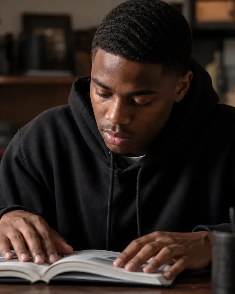 A person in a black hoodie sits at a desk in a warmly lit room, leaning over an open book with both hands resting on the pages