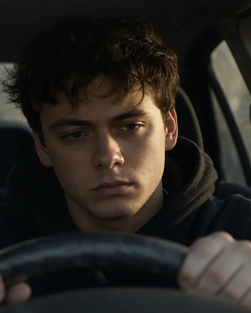 A person sits at the steering wheel of a parked vehicle, gripping it with both hands and gazing intently ahead