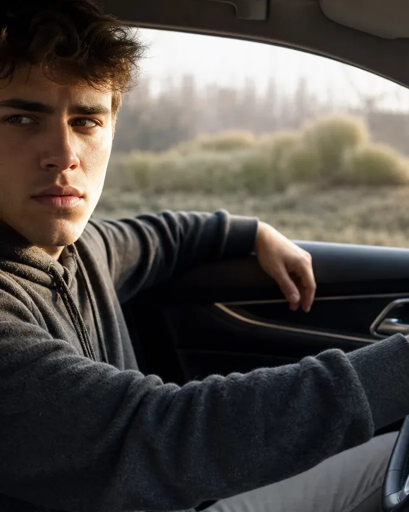 A person in a grey hoodie sits in the driver's seat of a car, one hand on the steering wheel and the other resting on the door panel