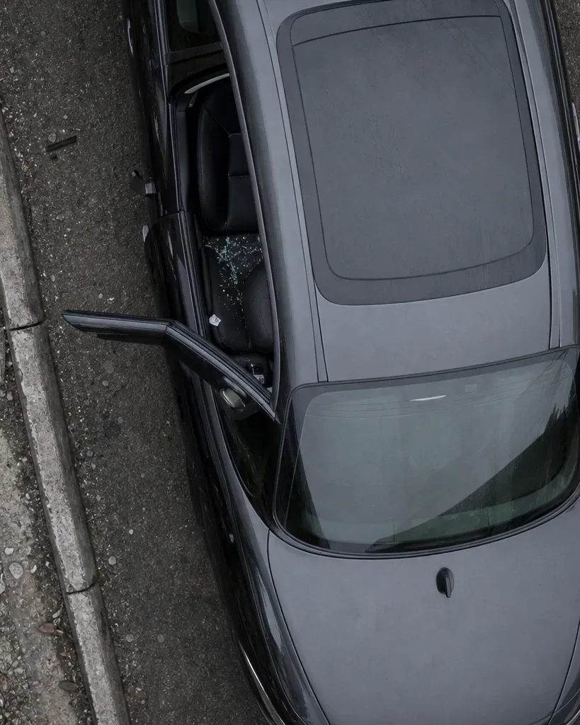 An overhead view of a dark grey car parked at a kerb with the driver-side door ajar and broken glass visible on the seat