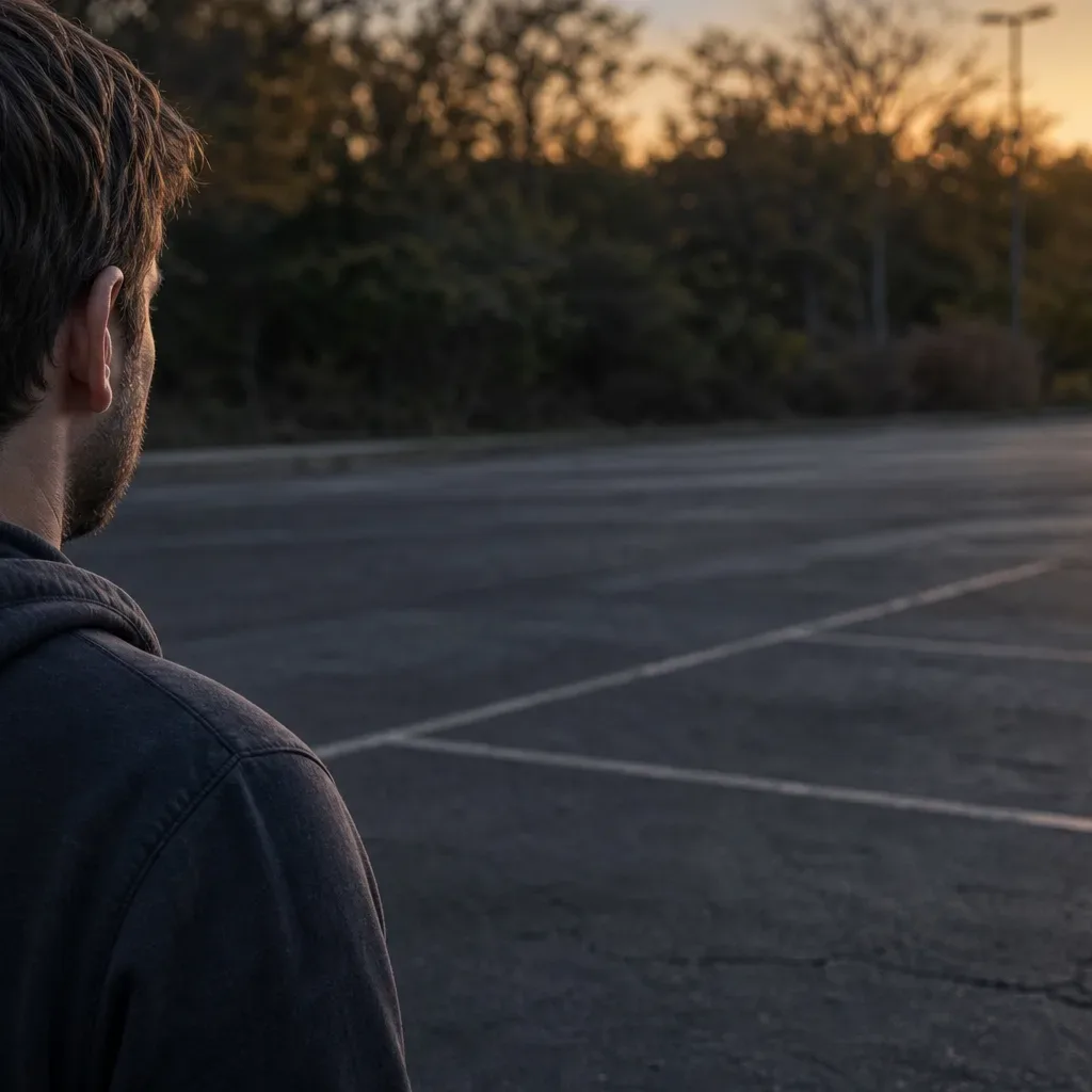 A person in a dark hoodie stands with their back to the camera, looking out over an empty car park at sunset