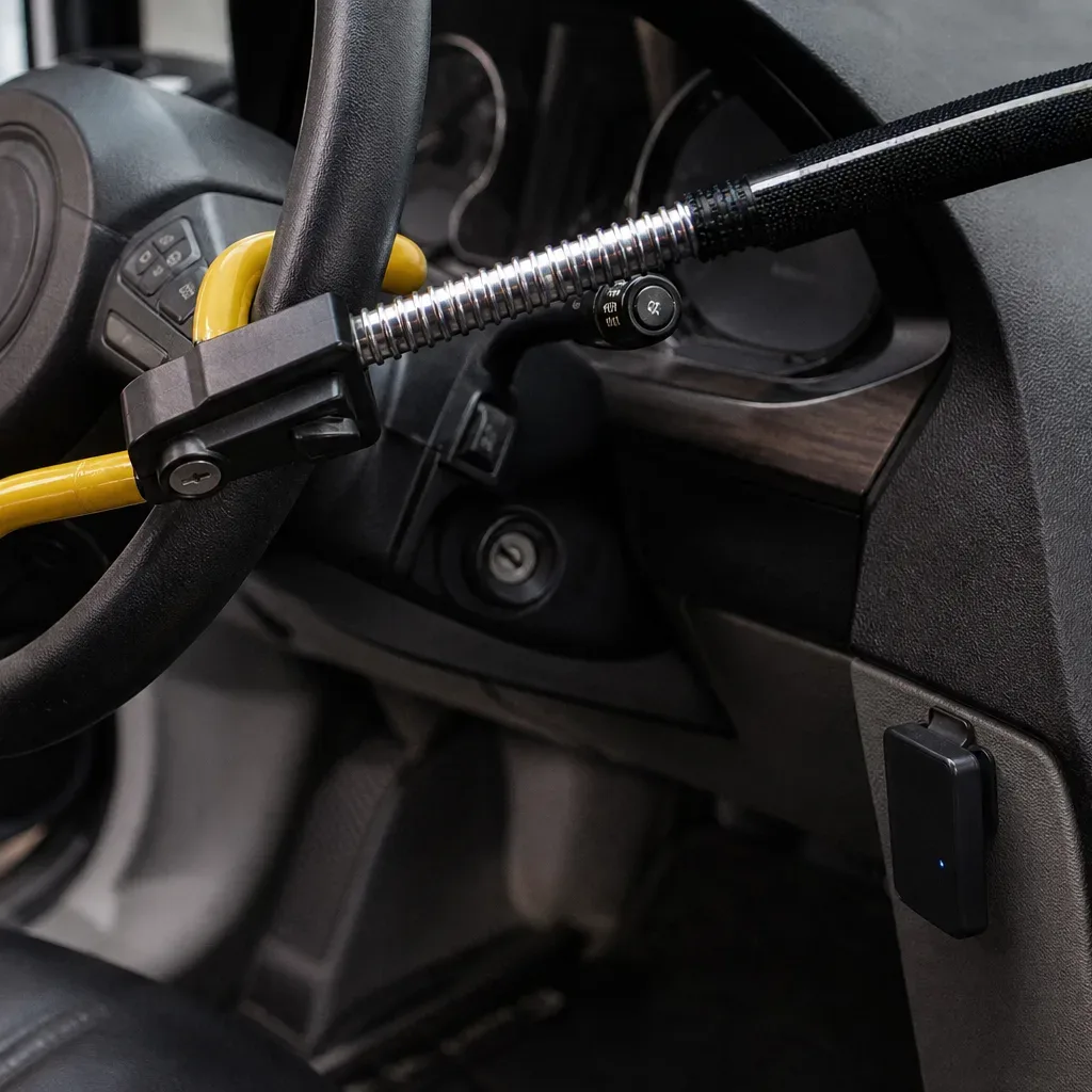 A steering wheel lock with yellow arms and an extending bar is fitted across a vehicle's steering wheel, with a small tracker device clipped to the lower dashboard nearby