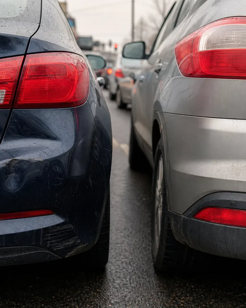 Two cars sit bumper to bumper in slow-moving traffic on a wet urban road, brake lights glowing red, with a visible crease dent on the nearest dark-coloured rear bumper