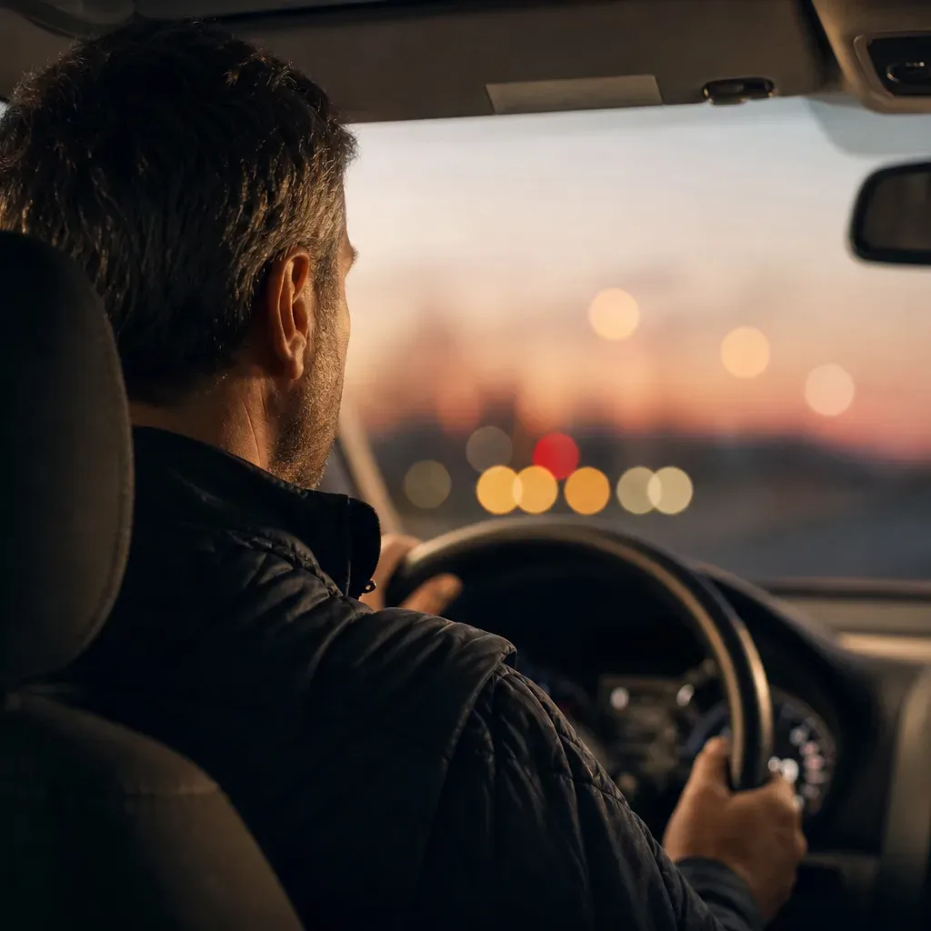 A person grips a steering wheel while driving at dusk, with blurred lights visible through the windscreen and a phone mount on the dashboard