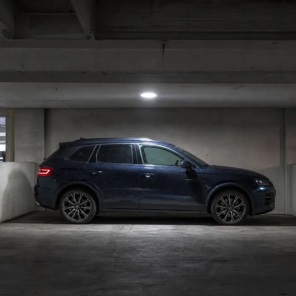 A dark blue SUV is parked between concrete barriers inside a multi-storey car park, lit by a single overhead light