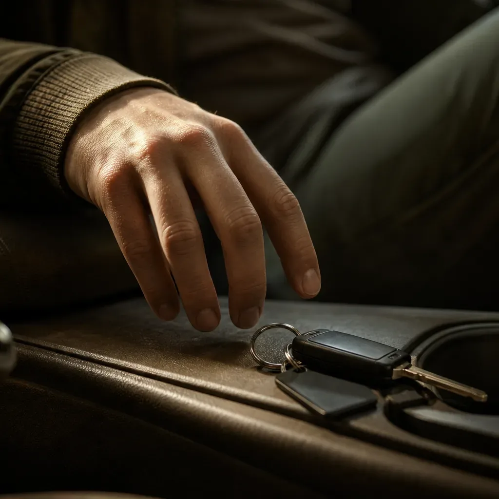 A person's hand hovers over a set of car keys resting on a vehicle's centre console
