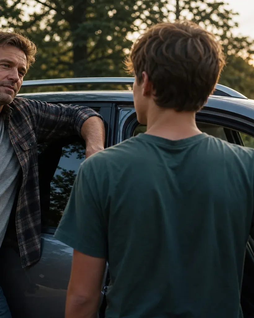 Two people face each other across the roofline of a car with an open door, surrounded by trees in evening light