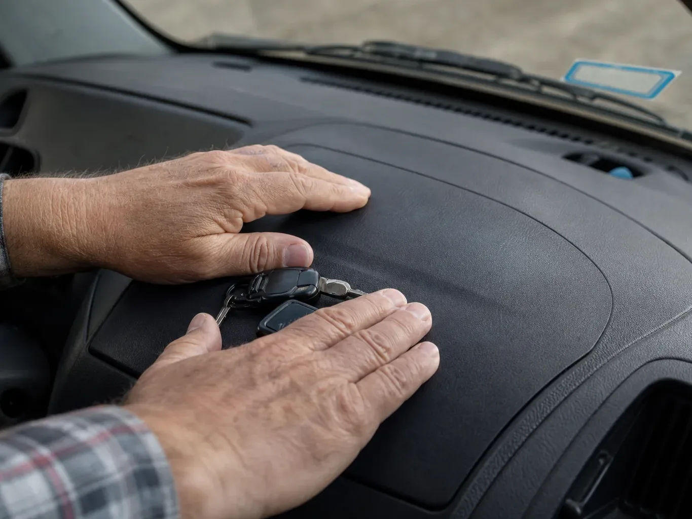 A person's hands rest on a car dashboard beside a set of keys, viewed from above inside a vehicle