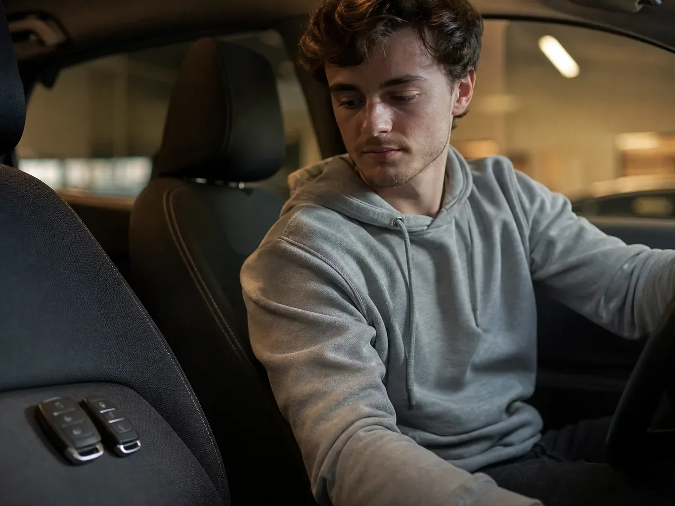 A person in a grey hoodie sits in the front seat of a parked car, looking down, with two key fobs resting on the seat beside them