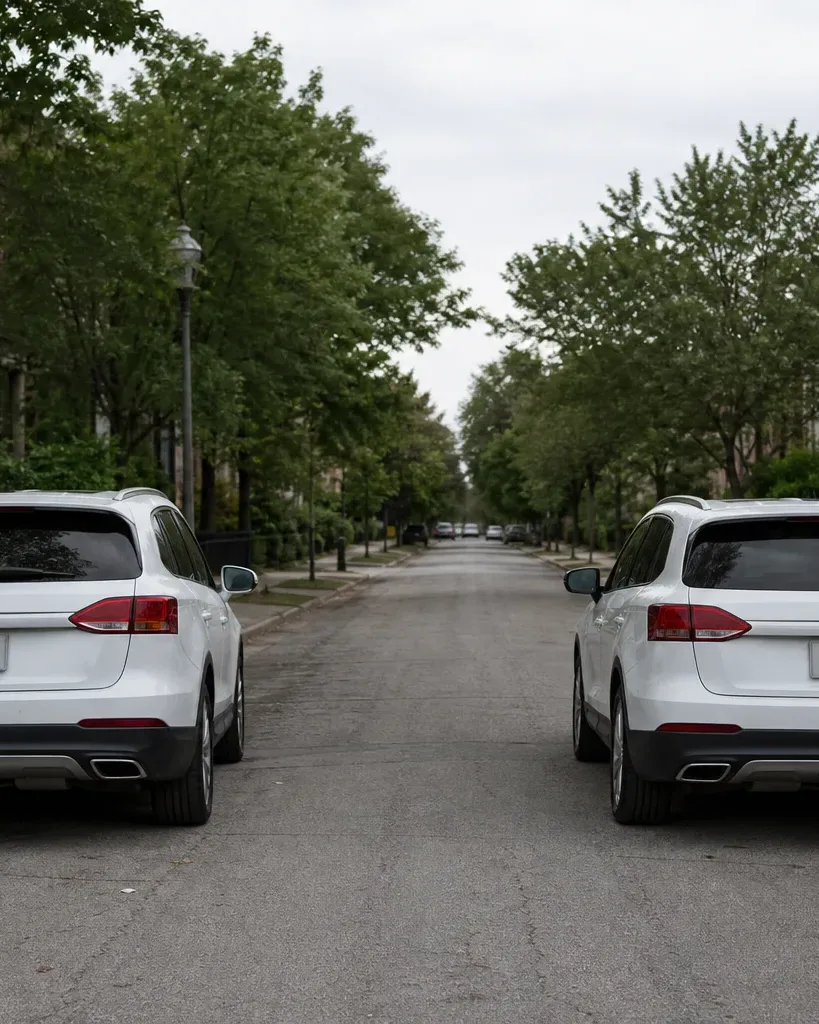 Two identical white SUVs parked on opposite sides of a tree-lined residential street, viewed from the rear, with terraced buildings visible on each side