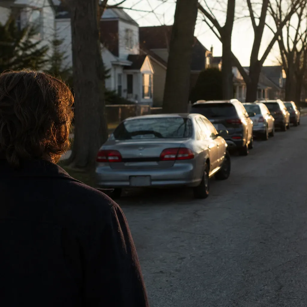 A person stands at the edge of a residential street at dusk, looking along a row of parked cars beneath bare trees and houses