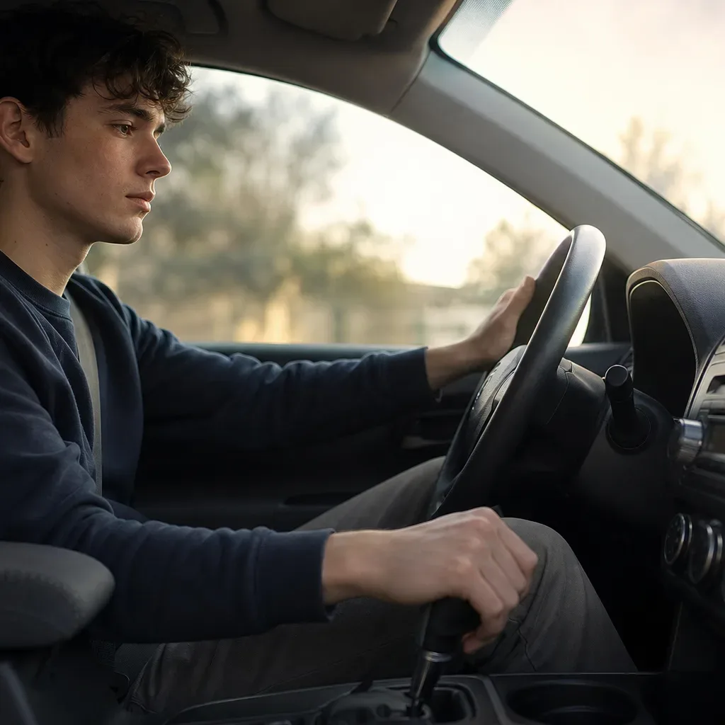 A person sits in the driver's seat of a car, one hand on the steering wheel and the other on the gear selector, looking ahead through the windscreen