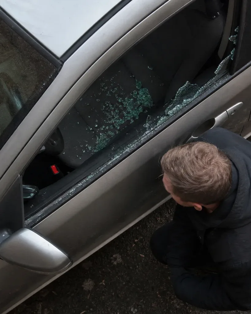 A person crouches beside a parked car whose driver-side window has been smashed, safety glass scattered across the seat and door frame