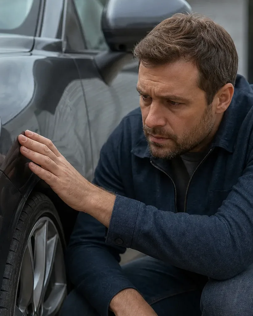 A person crouches beside the front quarter panel of a dark grey car, resting one hand on the bodywork and examining it closely