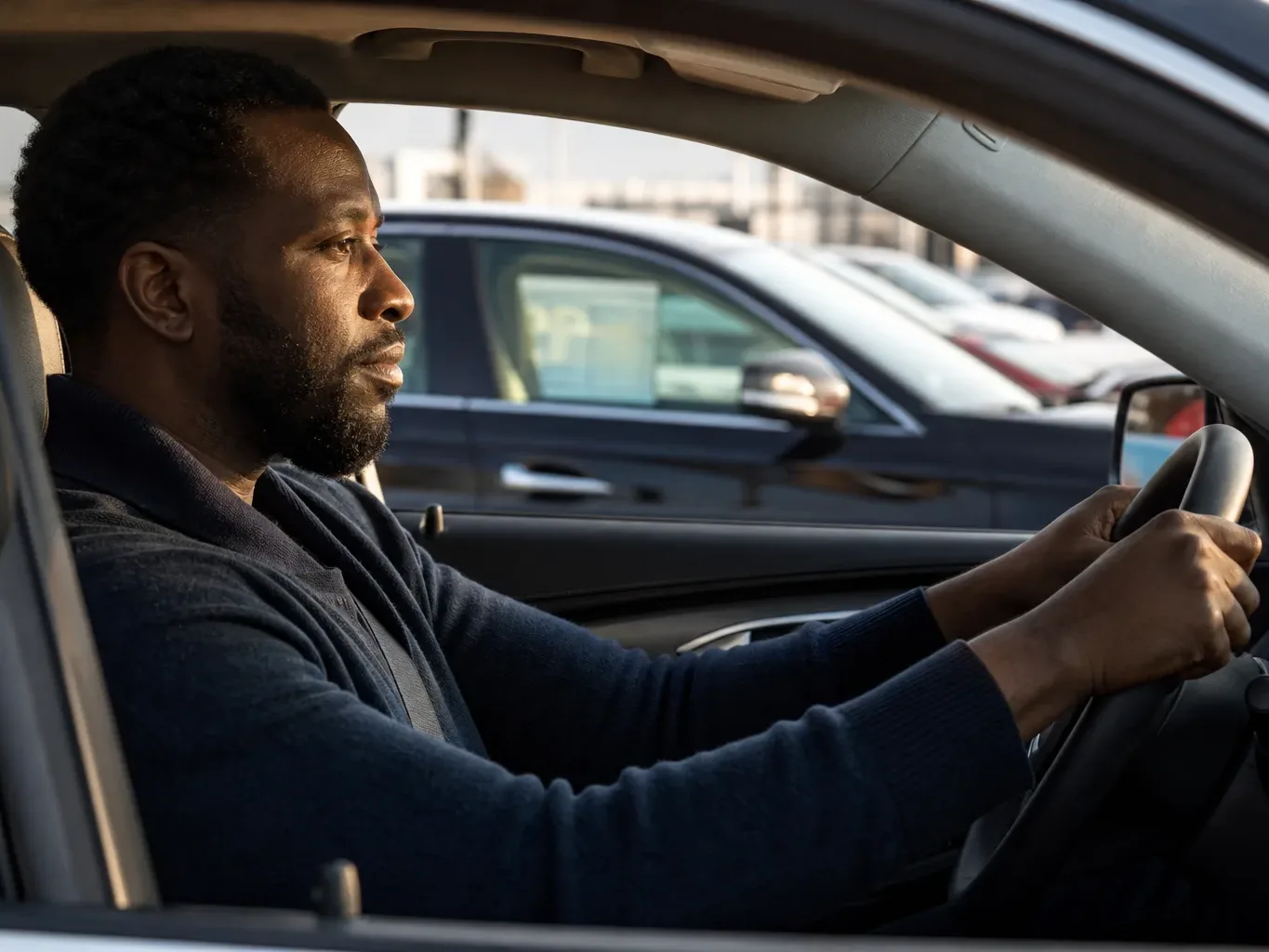 A person sits behind the steering wheel of a car in a busy car park, both hands on the wheel, looking ahead