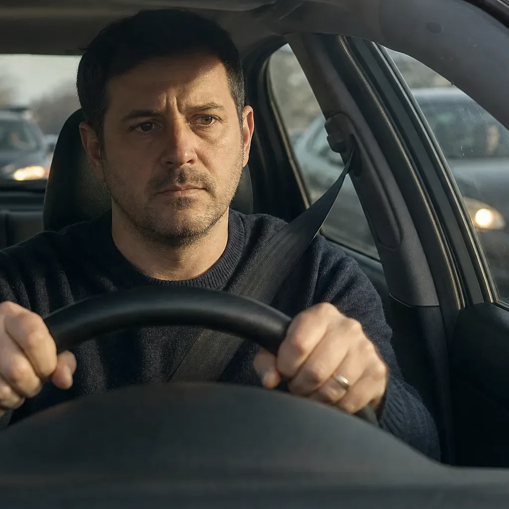 A person sits behind the steering wheel of a car in slow-moving traffic, both hands on the wheel, wearing a seatbelt