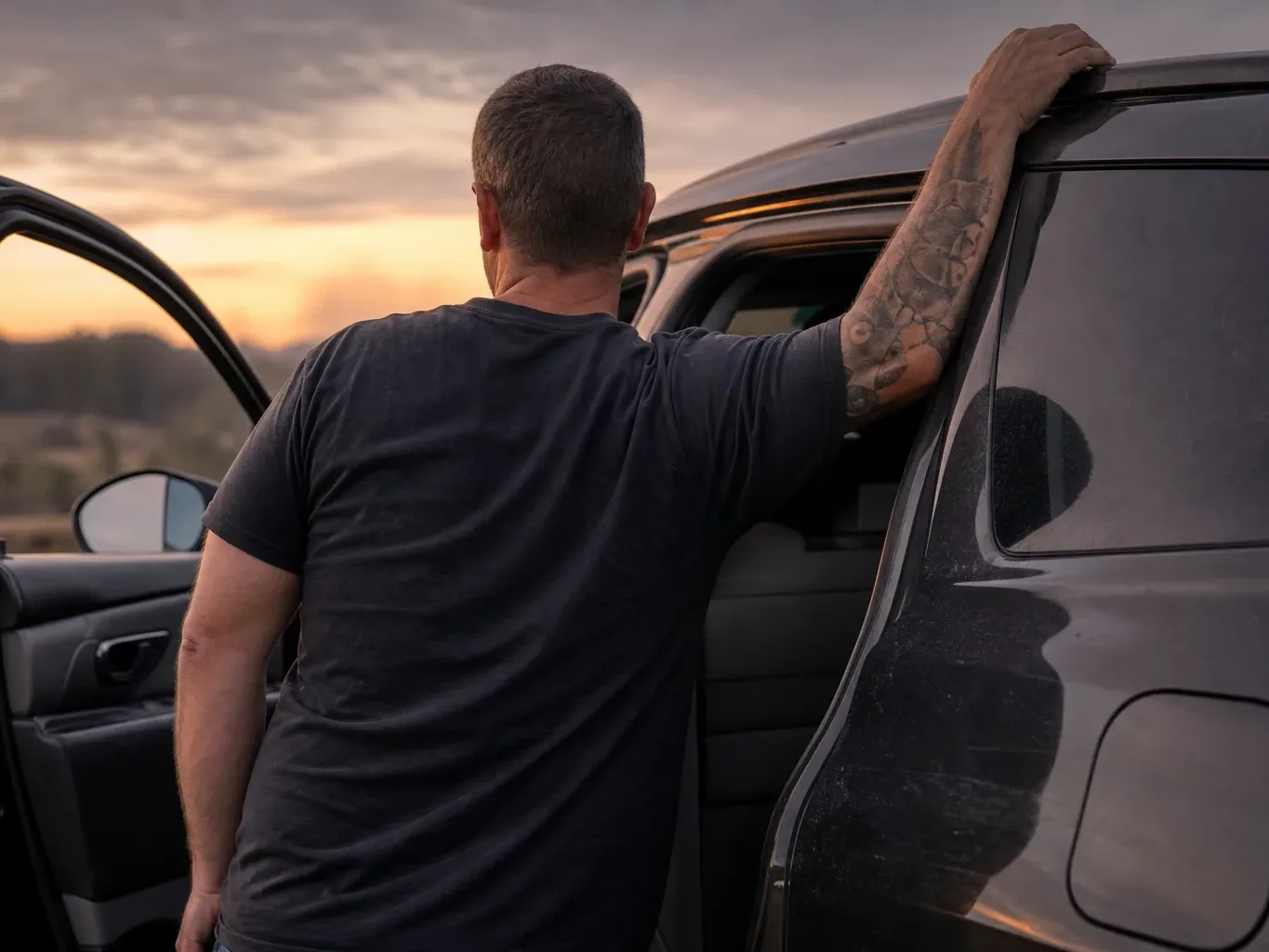 A person with a tattooed forearm stands at the open driver-side door of a parked SUV, resting one hand on the roof whilst looking out at a sunset landscape