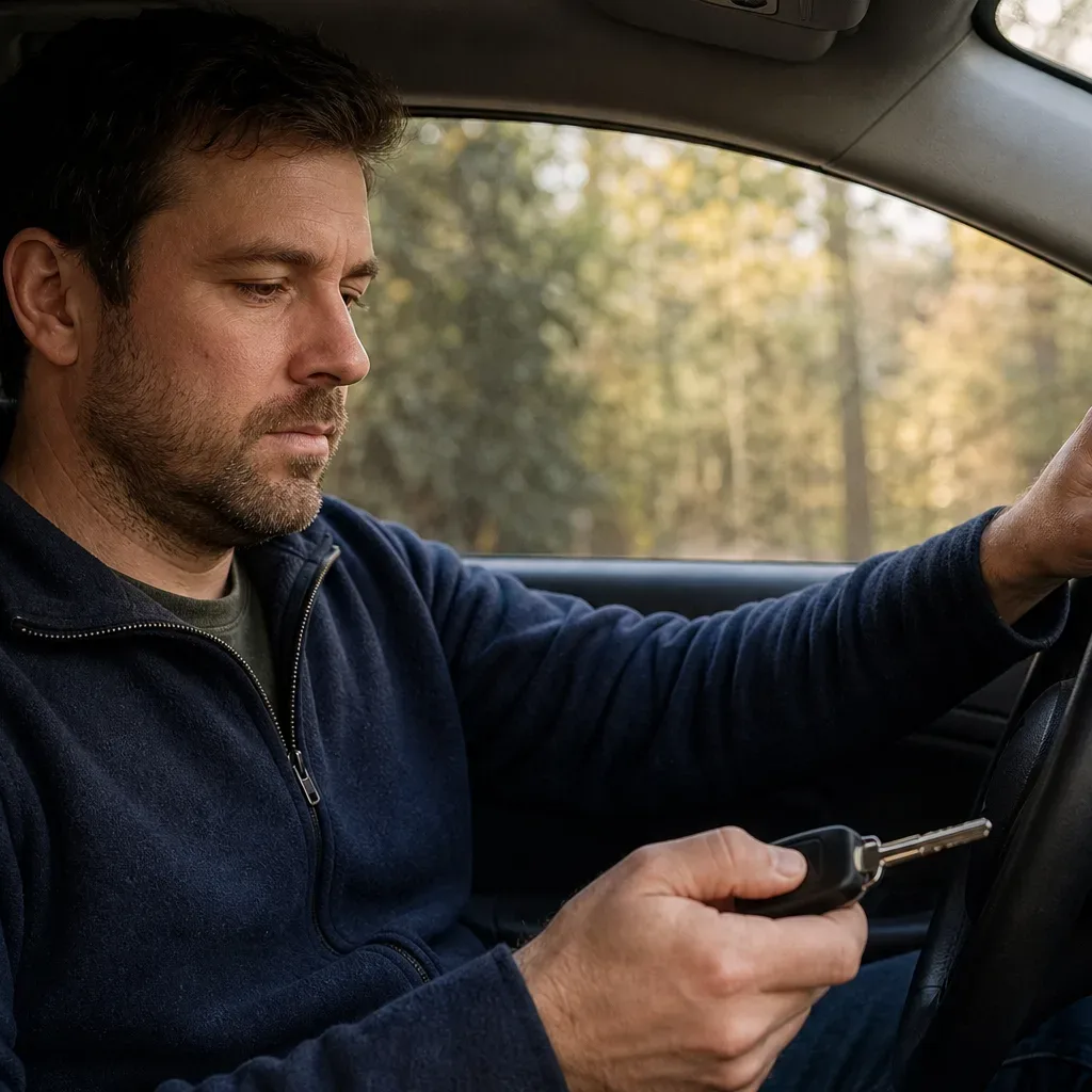 A person sits in a parked car with one hand on the steering wheel and the other holding a set of car keys, surrounded by trees visible through the window