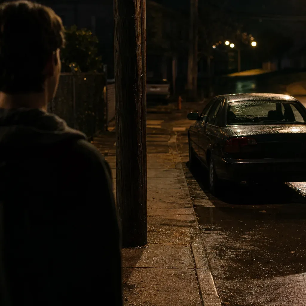 A person stands in shadow beside a utility pole at night, looking towards a wet, parked saloon car on a dimly lit urban street