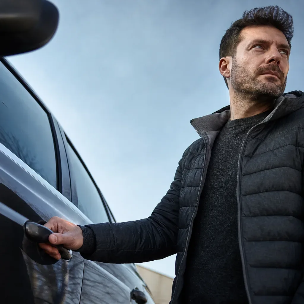 A person in a dark padded jacket holds a car door handle beside a dark vehicle, viewed from a low angle against an overcast sky