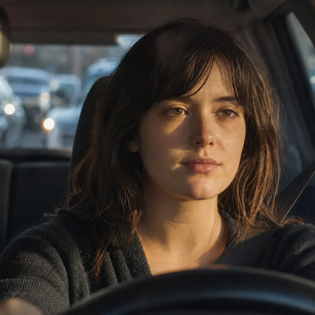 A person sits behind a steering wheel in a stationary vehicle, warm low-angle light falling across one side of their face, with traffic visible through the rear window