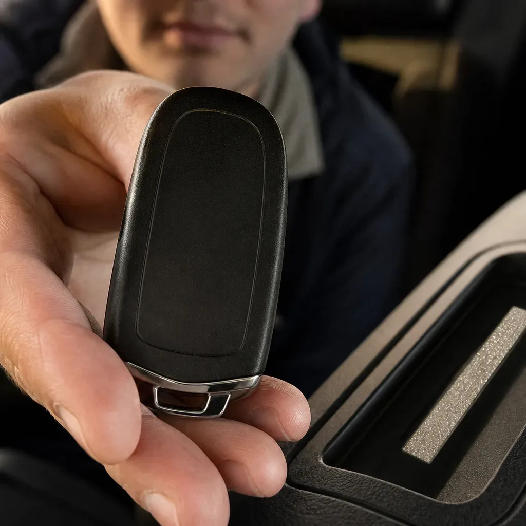 A person inside a vehicle holds a car key fob close to the camera, with the vehicle interior visible behind