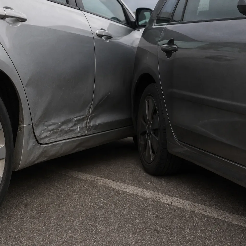 A silver car with a crumpled lower door panel sits alongside a dark vehicle in a parking area