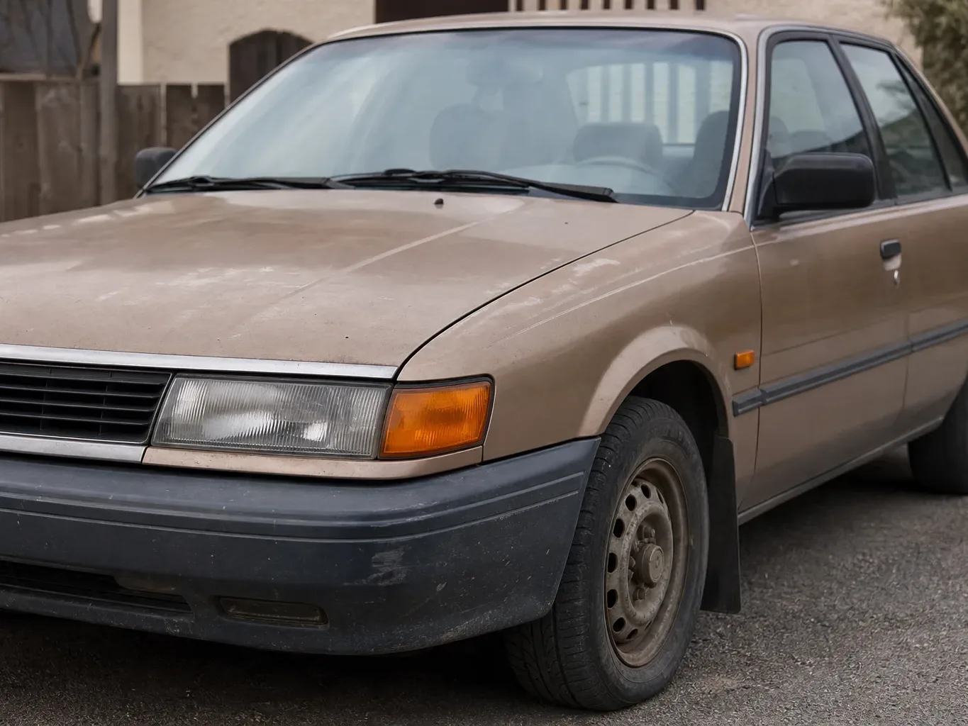 A dusty, well-worn tan four-door saloon car sits parked on a gravel surface beside a timber fence and a pale rendered building