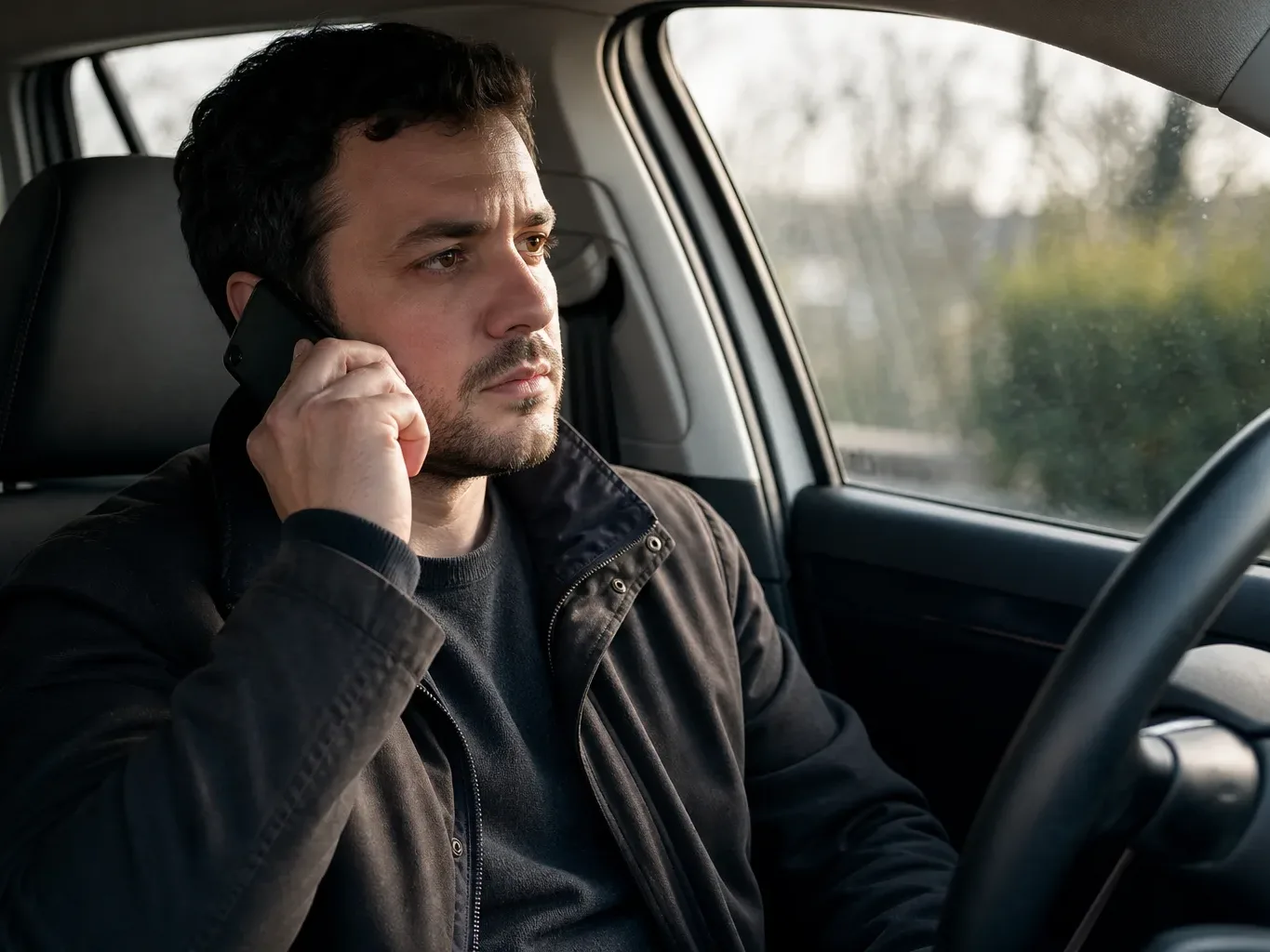A person sits in the driver's seat of a vehicle, holding a phone to their ear whilst looking ahead through the side window