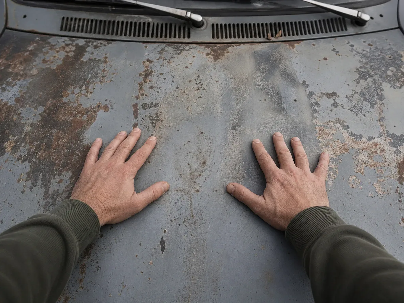 A person rests both hands flat on the rusty, flaking bonnet of an old vehicle, viewed from above
