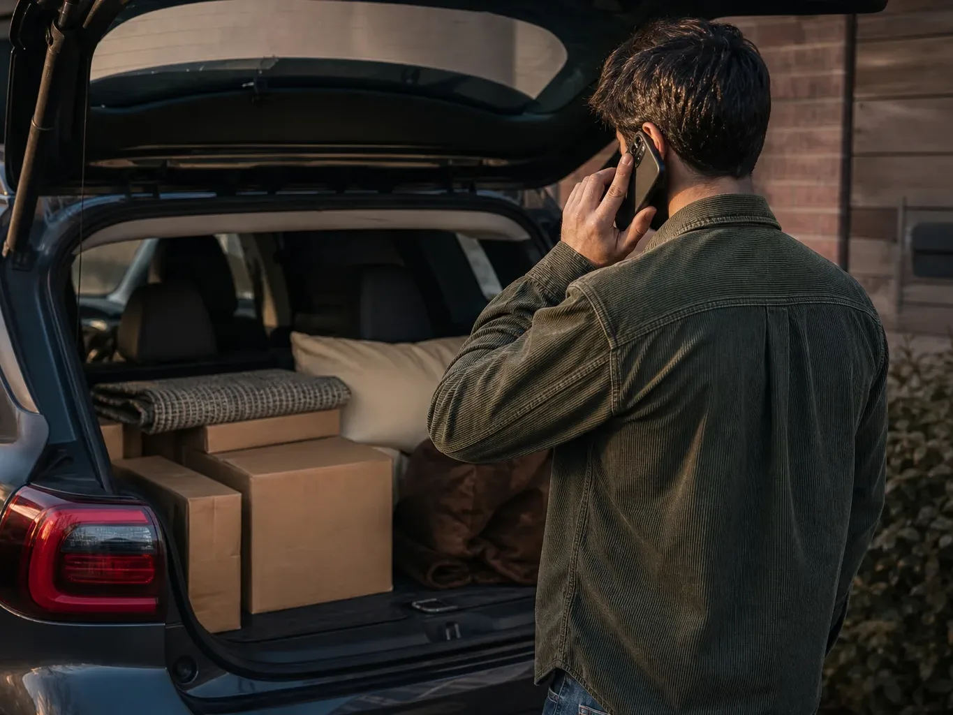 A person stands talking on a mobile phone at the open boot of an SUV loaded with cardboard boxes, blankets and bags, outside a brick building at dusk