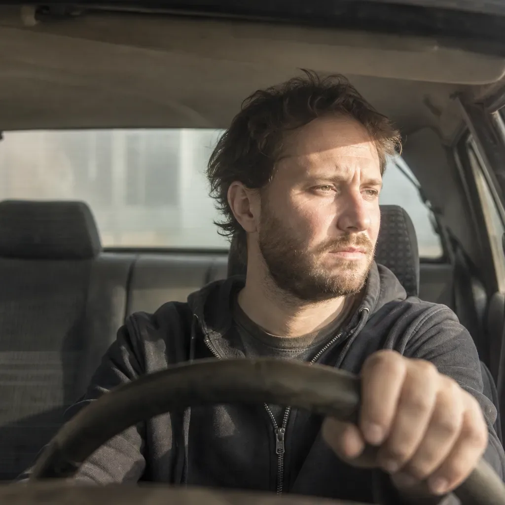 A person sits in the driver's seat of an older car, one hand on the steering wheel, looking ahead with a concerned expression