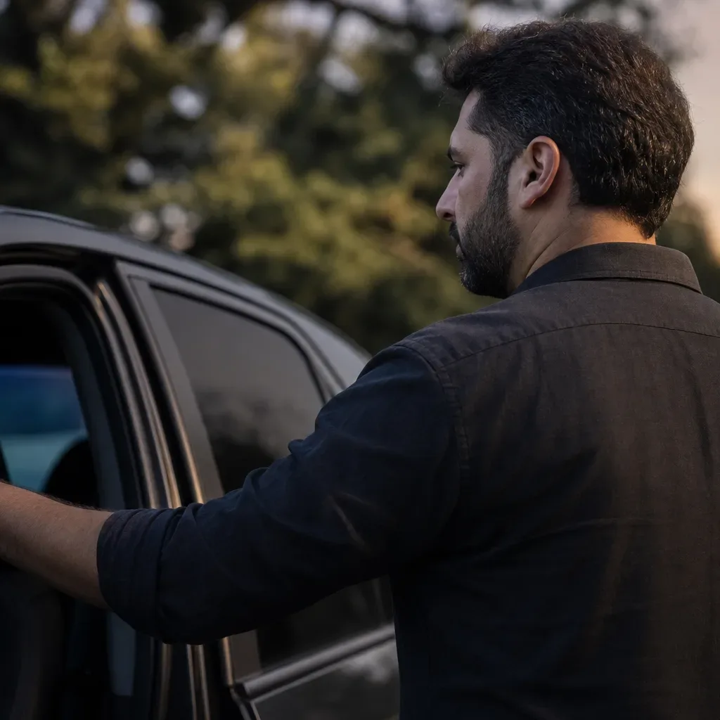 A person stands beside a parked dark vehicle at dusk, one hand resting on the open door frame, looking away into the distance