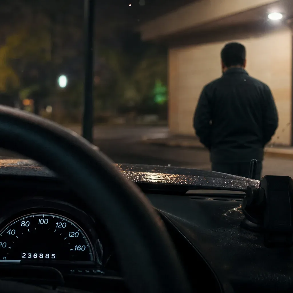 A person stands with their back to the camera outside a building at night, viewed through the windscreen of a parked vehicle whose dashboard and gauges are visible in the foreground