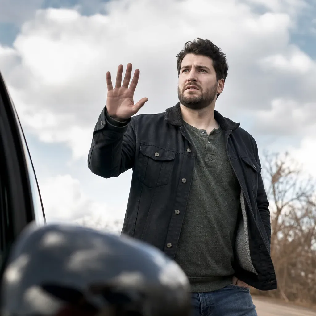 A person stands outside a vehicle on a rural road, one hand raised, looking upward with a concerned expression